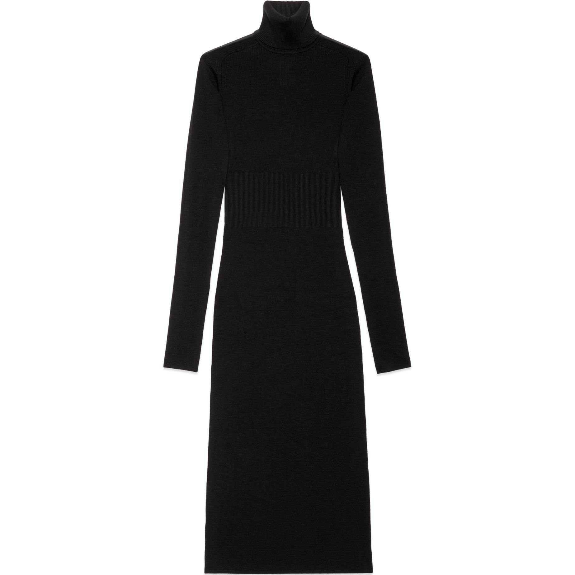 (Women) Gucci FW24 Black Knit Turtleneck Long Sleeve Dress with Embroidered Logo 764703-XKDQY-1000