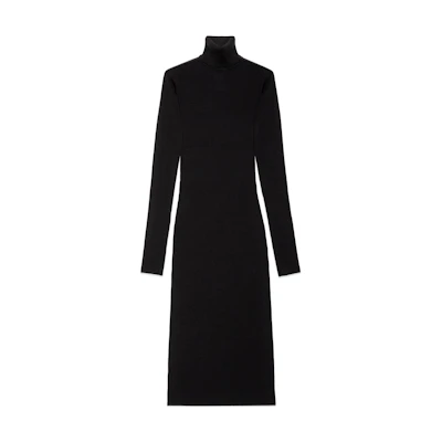 (Women) Gucci FW24 Black Knit Turtleneck Long Sleeve Dress with Embroidered Logo 764703-XKDQY-1000