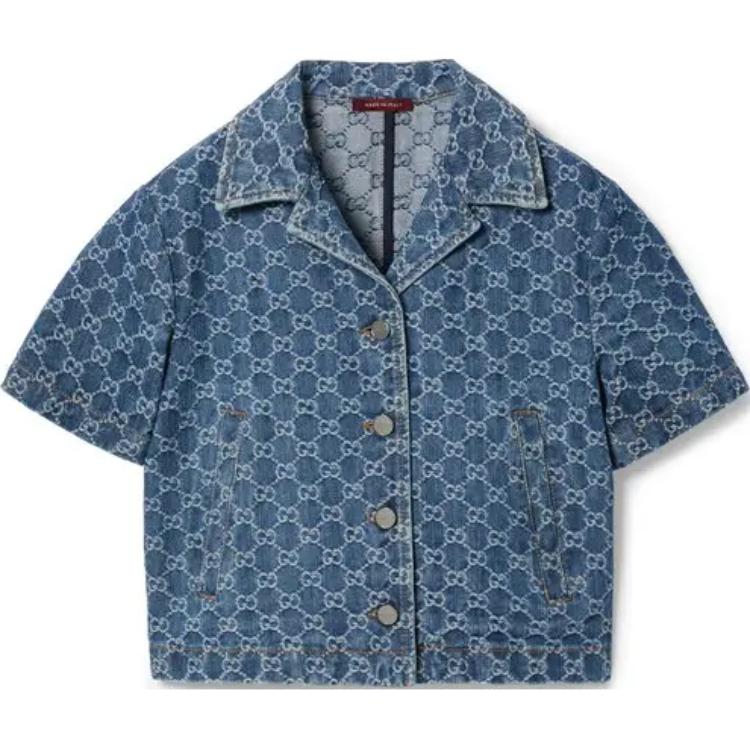 (Women) Gucci FW24 Blue Logo Jacquard Short-Sleeve Cuban Collar Shirt 788680-XDCZE-4266