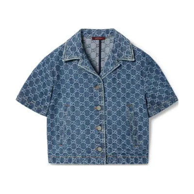 (Women) Gucci FW24 Blue Logo Jacquard Short-Sleeve Cuban Collar Shirt 788680-XDCZE-4266
