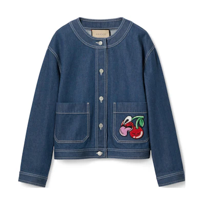 (Women) Gucci FW24 Cherry Applique Denim Jacket in Dark Blue 783925-XDCXV-4447