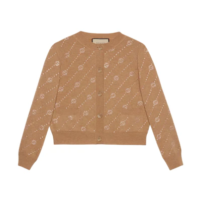 (Women) Gucci FW24 Diagonal Stripe Button-Up Knit Sweater Camel 773367-XKDUT-2184