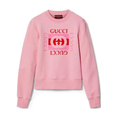 (Women) Gucci FW24 Pink Letter Logo Print Crewneck Casual Sweatshirt for Women 785636-XJGLO-5904