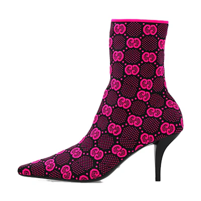 (W) Gucci GG 75mm Knit Ankle Boots Black Fluorescent Pink Fabric