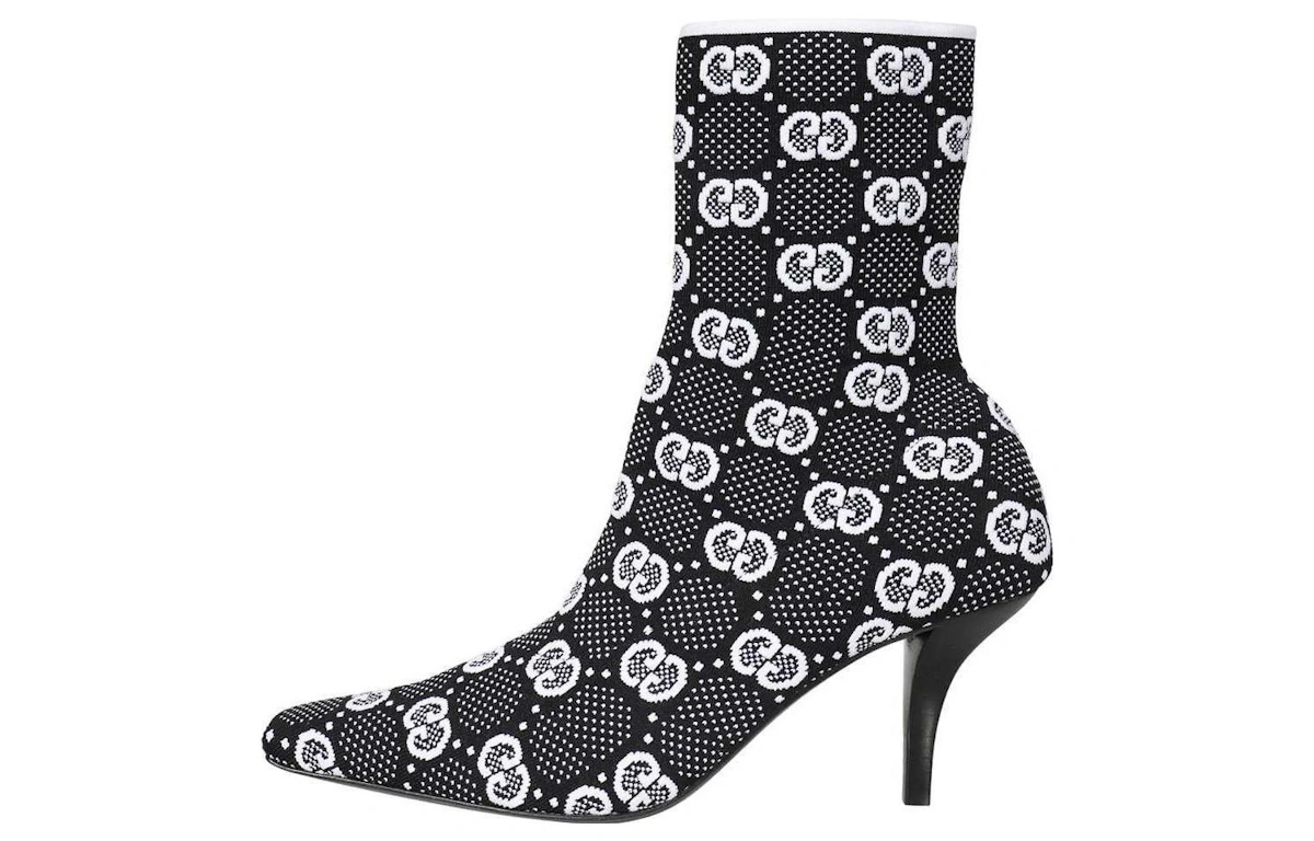 (Women) Gucci GG 75mm Knit Ankle Boots Black White Fabric