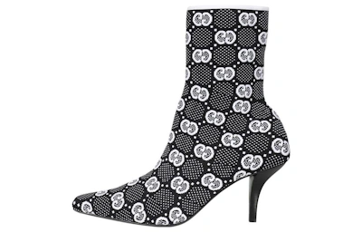 (Women) Gucci GG 75mm Knit Ankle Boots Black White Fabric