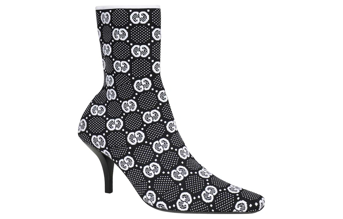(Women) Gucci GG 75mm Knit Ankle Boots Black White Fabric