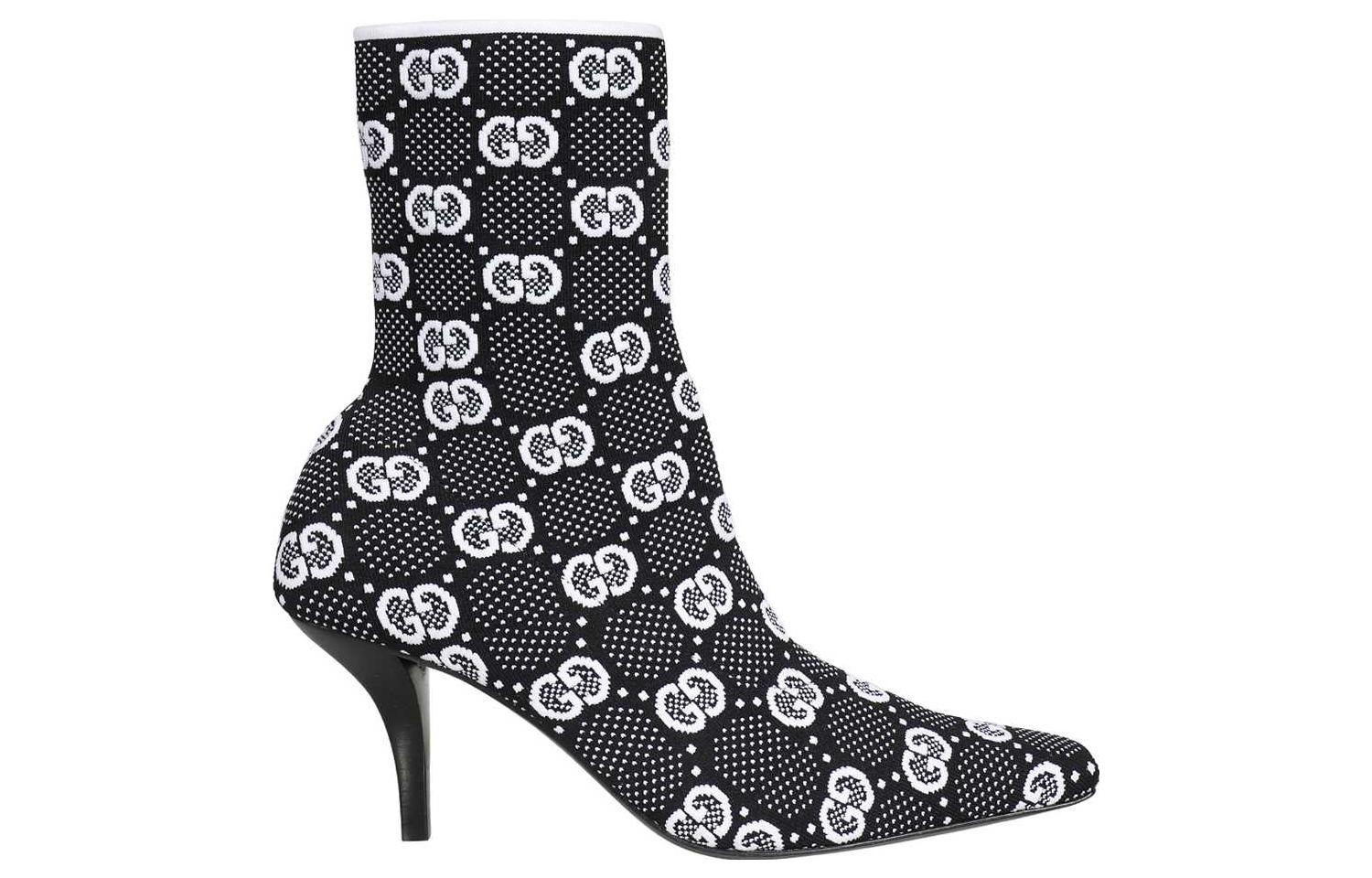 Lookbook (W) Gucci GG 75mm Strick-Knöchelstiefel Schwarz Weiß Stoff 718378-FAAQP-1008