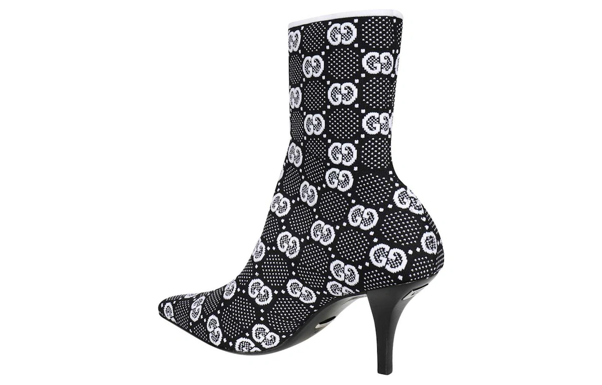 (Women) Gucci GG 75mm Knit Ankle Boots Black White Fabric