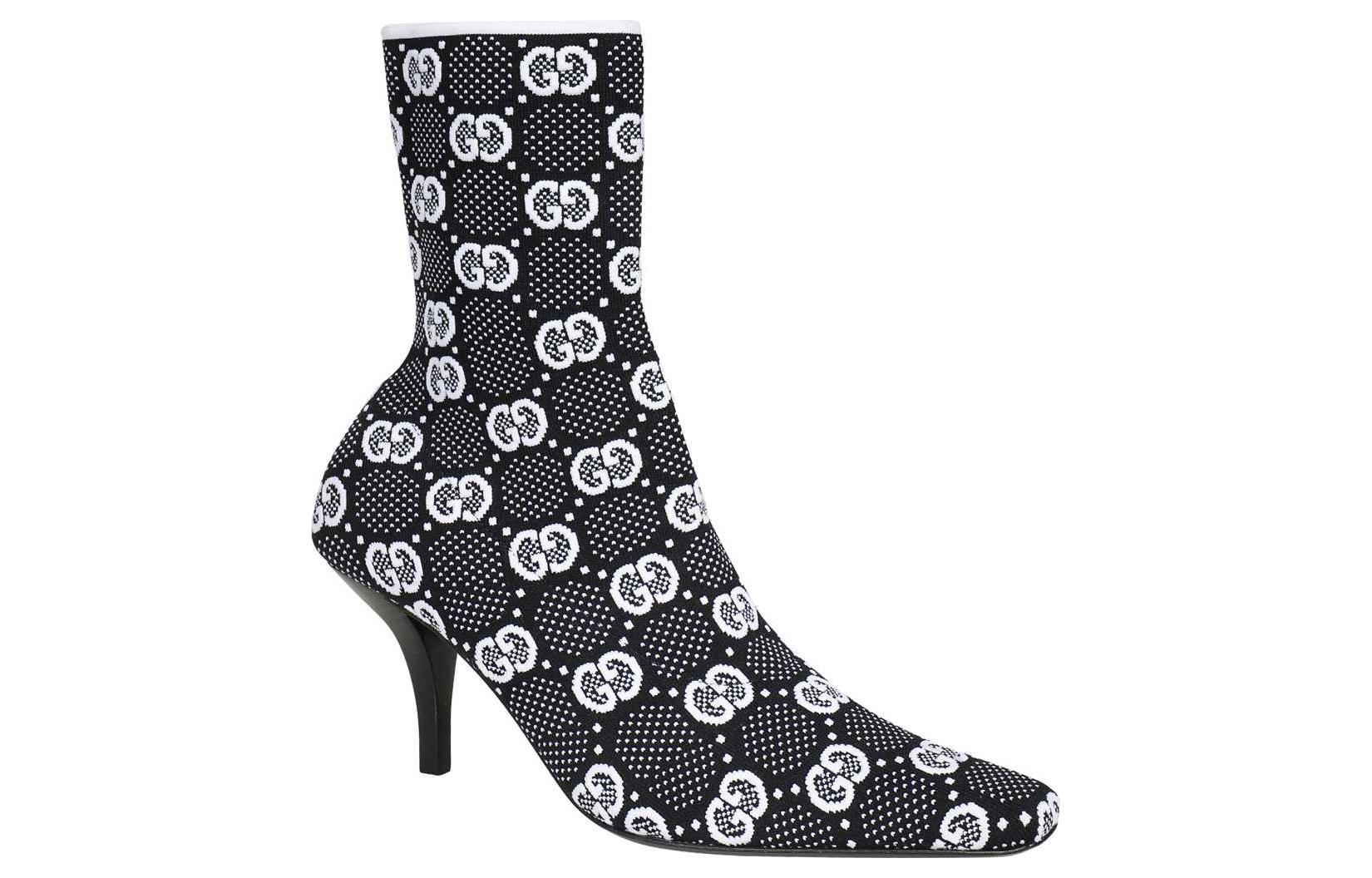 Shop (W) Gucci GG 75mm Strick-Knöchelstiefel Schwarz Weiß Stoff 718378-FAAQP-1008