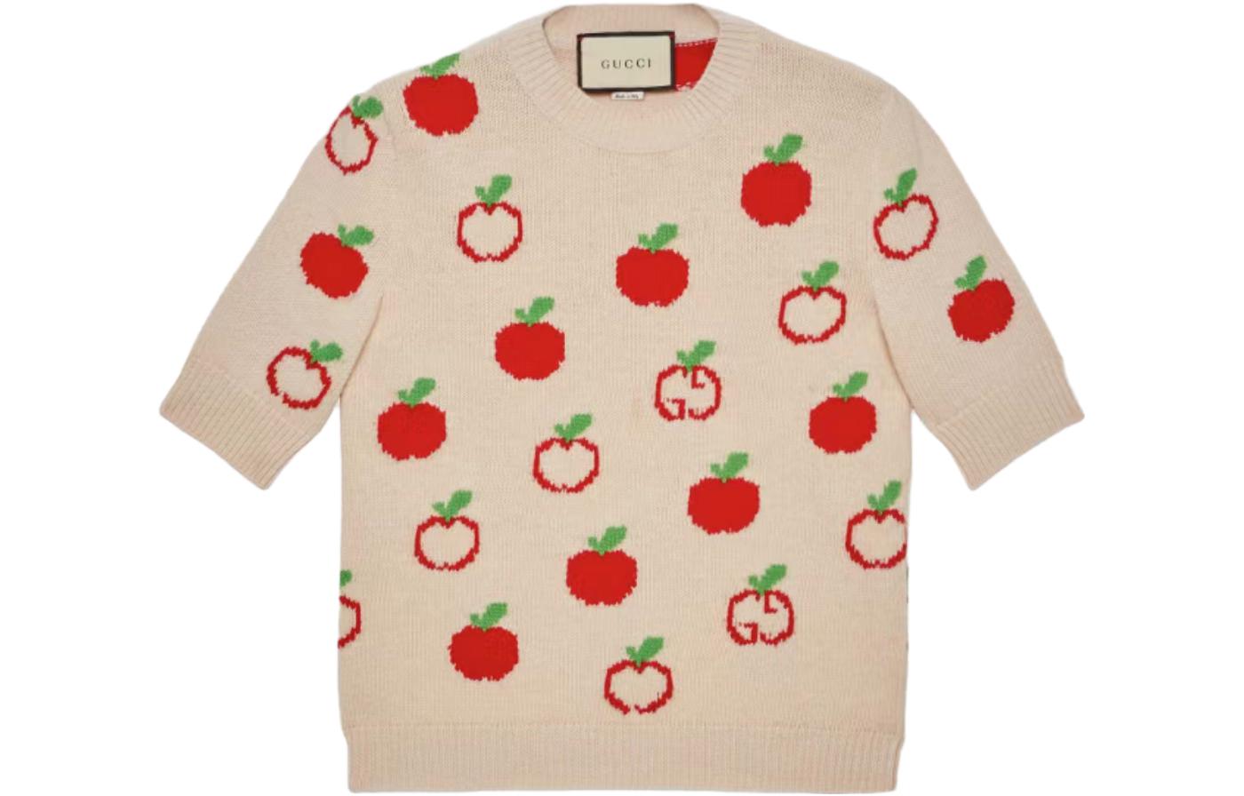 (Women) Gucci GG Apple Intarsia Crewneck Short Sleeve Sweater Women Ivory White 606117-XKA7I-9376