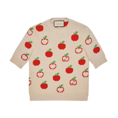(Women) Gucci GG Apple Intarsia Crewneck Short Sleeve Sweater Women Ivory White 606117-XKA7I-9376