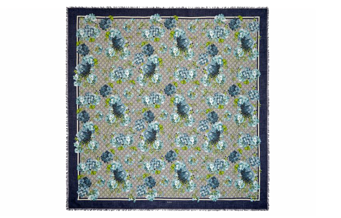 (Women) GUCCI GG Blooms Blue Modal Silk Geranium Print Fringed Knit Shawl. 432736-3G856-4069 圖 2