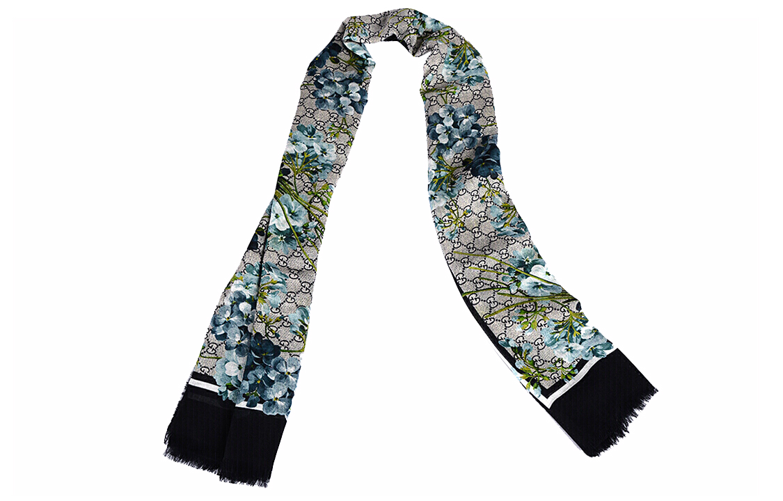 (Women) GUCCI GG Blooms Blue Modal Silk Geranium Print Fringed Knit Shawl. 432736-3G856-4069 圖 3