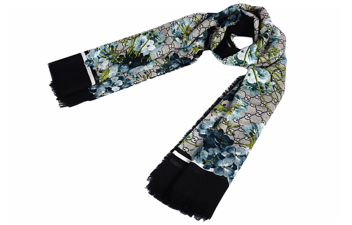 (Women) GUCCI GG Blooms Blue Modal Silk Geranium Print Fringed Knit Shawl. 432736-3G856-4069 圖 4