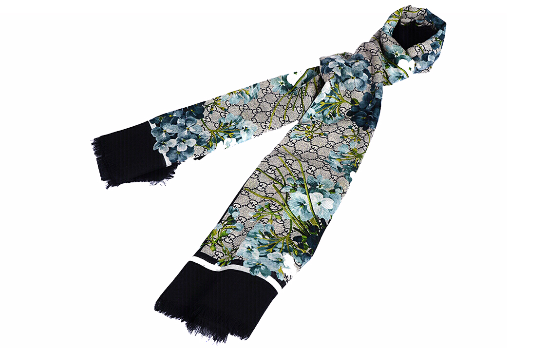(Women) GUCCI GG Blooms Blue Modal Silk Geranium Print Fringed Knit Shawl. 432736-3G856-4069 圖 5
