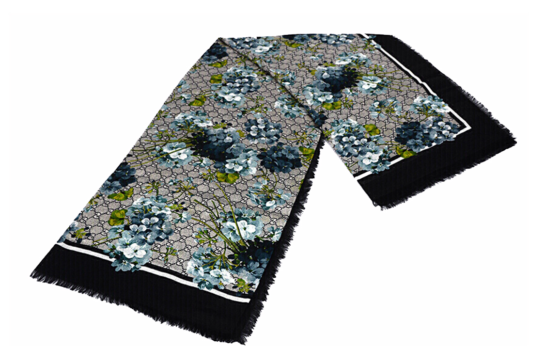 (Women) GUCCI GG Blooms Blue Modal Silk Geranium Print Fringed Knit Shawl. 432736-3G856-4069 圖 7