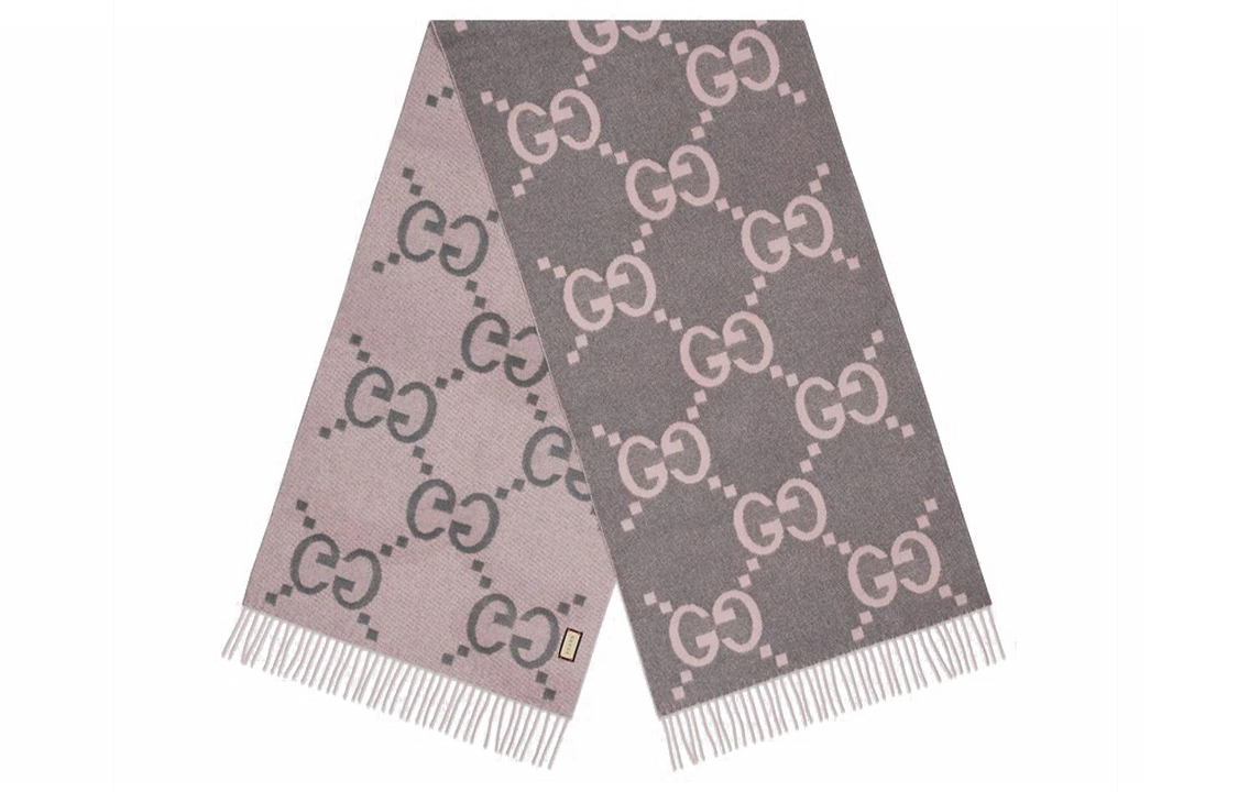 (Women) GUCCI GG Cashmere Jacquard Knit Scarf Pink Grey Accessories. 674275-3G344-1272 圖 3