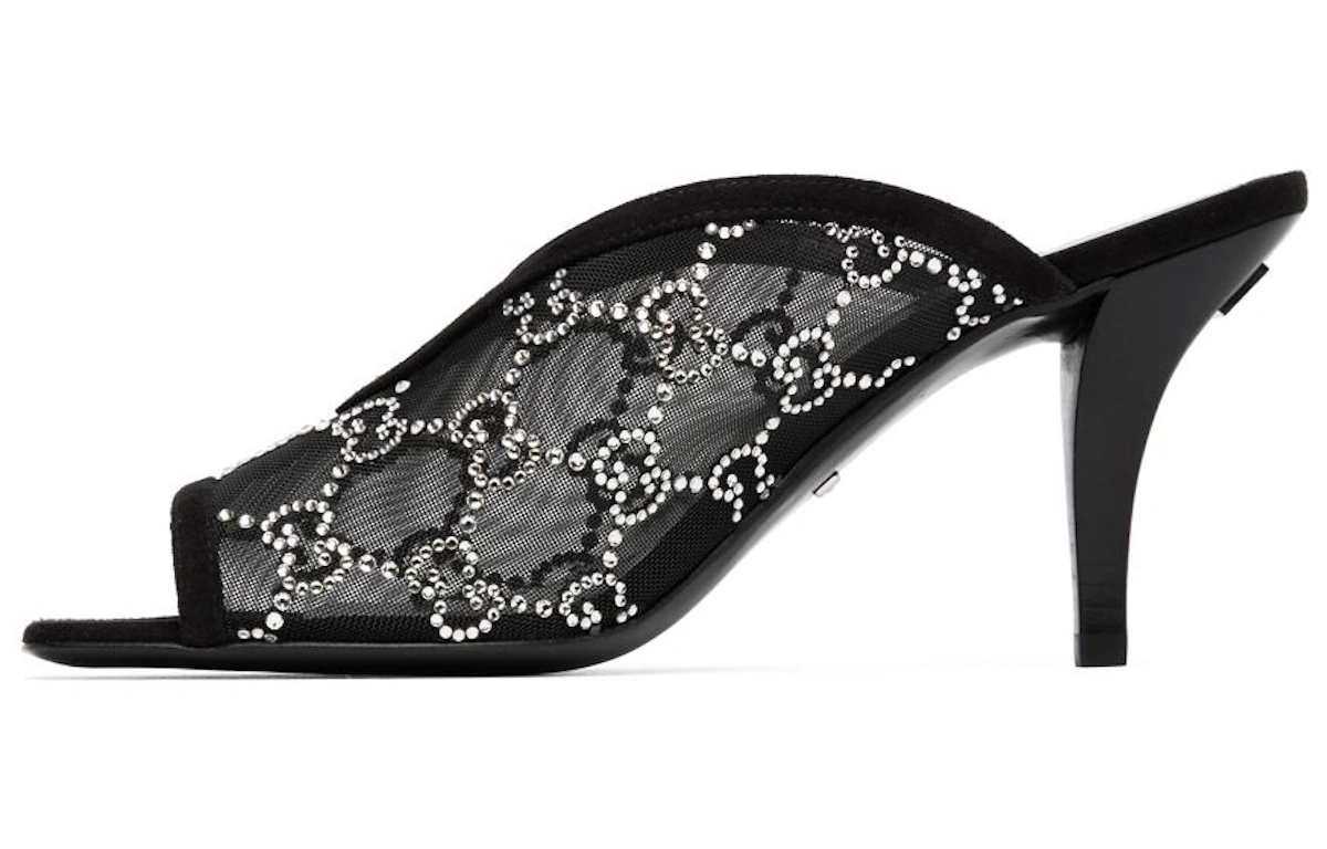 (Women) Gucci GG Crystal 75mm Heeled Sandal Black Mesh
