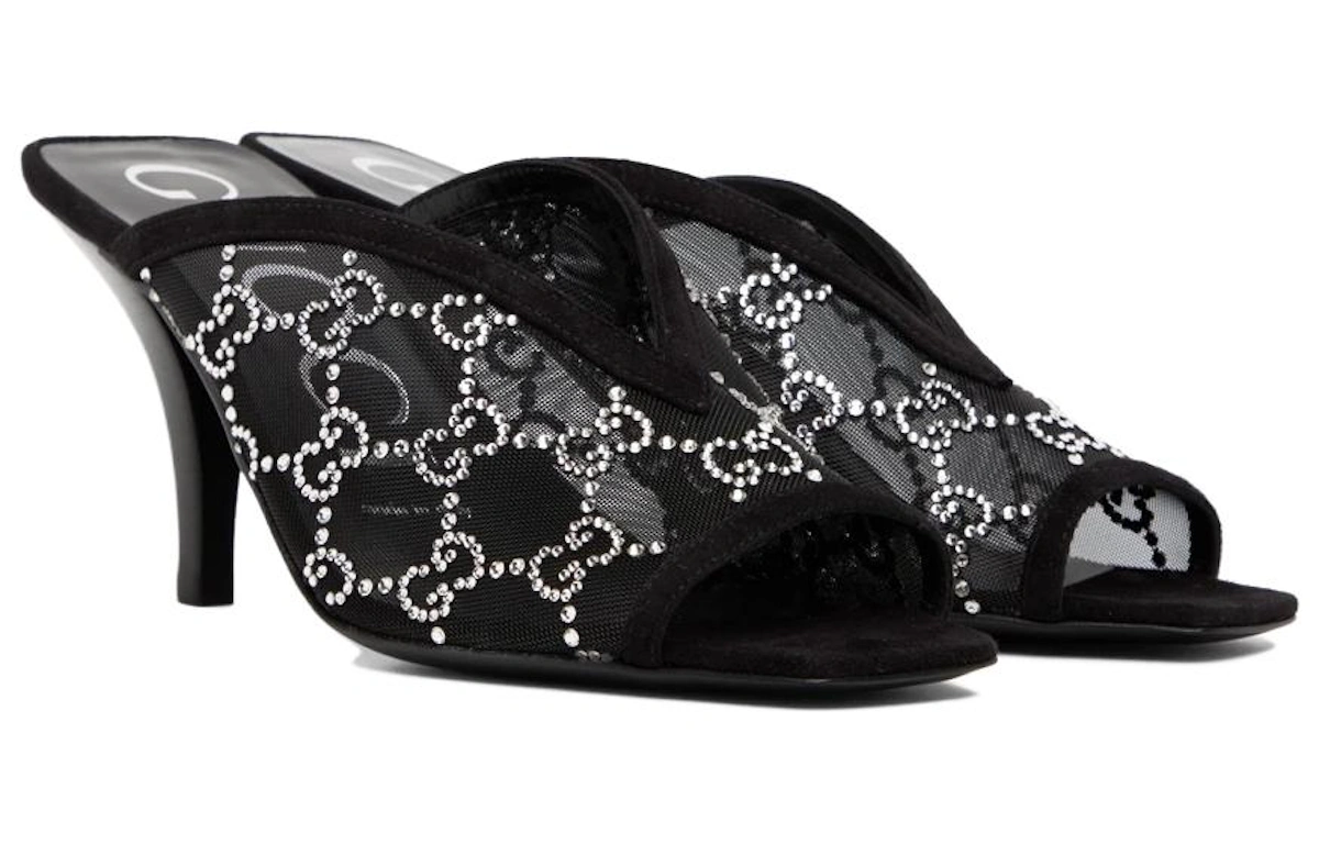 (Women) Gucci GG Crystal 75mm Heeled Sandal Black Mesh