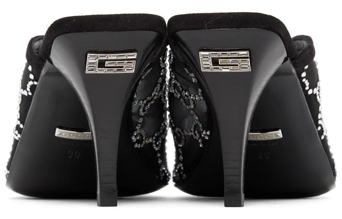 (Women) Gucci GG Crystal 75mm Heeled Sandal Black Mesh
