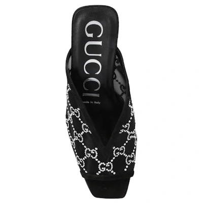 (Women) Gucci GG Crystal 75mm Heeled Sandal Black Mesh