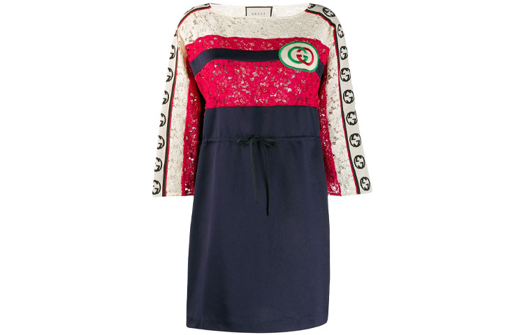(Women) Gucci GG Embroidered Patchwork Striped 3/4 Sleeve Dress Navy 573974-XJBK7-4904