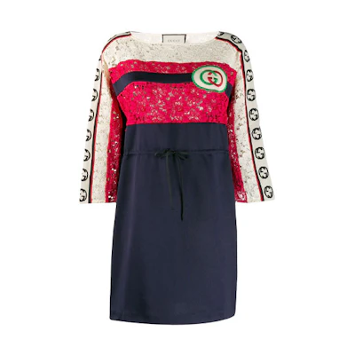 (Women) Gucci GG Embroidered Patchwork Striped 3/4 Sleeve Dress Navy 573974-XJBK7-4904