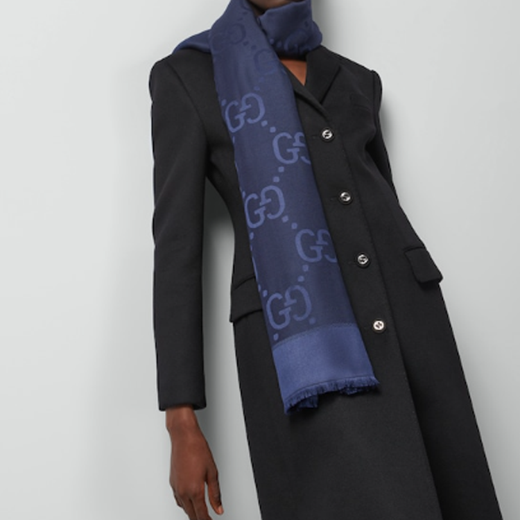 (Women) GUCCI GG Jacquard Fringe Shawl for Women in Deep Blue. 6636713GC434068 圖 4