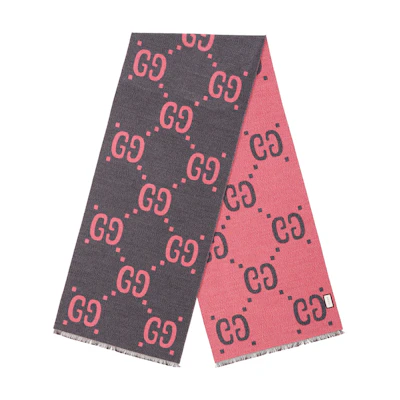 (Women) GUCCI GG Logo Wool Silk Scarf Light Gray/Pink Accessories 558007-3G636-1272
