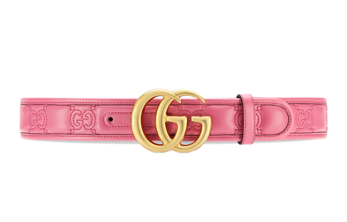 (Women) GUCCI GG Marmont Matelassé Pink Leather Belt for Women, Double G Buckle, 4cm. 400593-UM8IG-6627