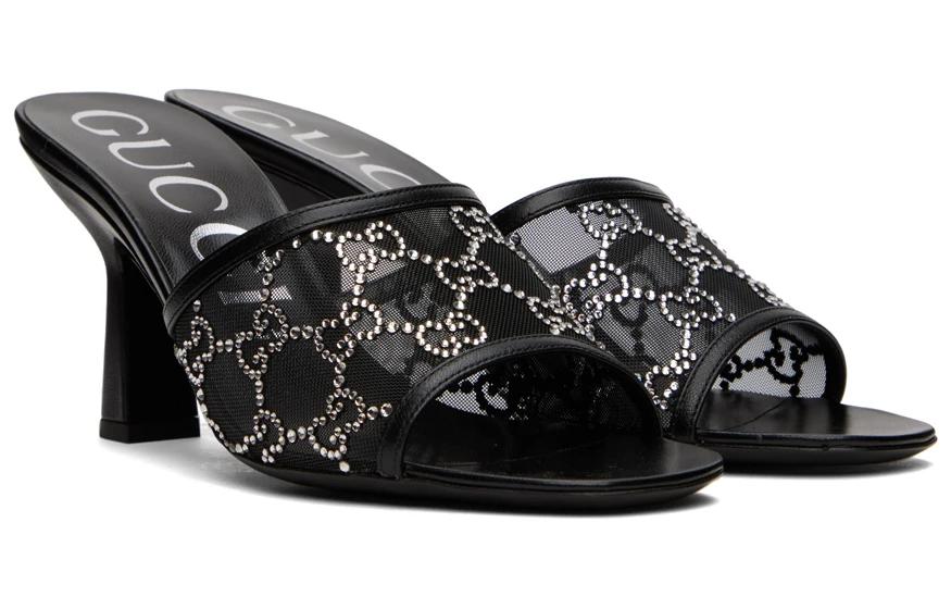 Lookbook (W) 古驰 GG 中跟拖鞋 '黑色' 747245-F13B0-1000