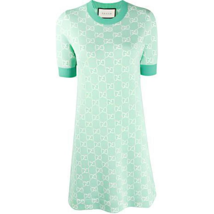 (Women) Gucci GG Monogram Knit Short-Sleeve Dress in Mint Green 629464-XKBHQ-3652