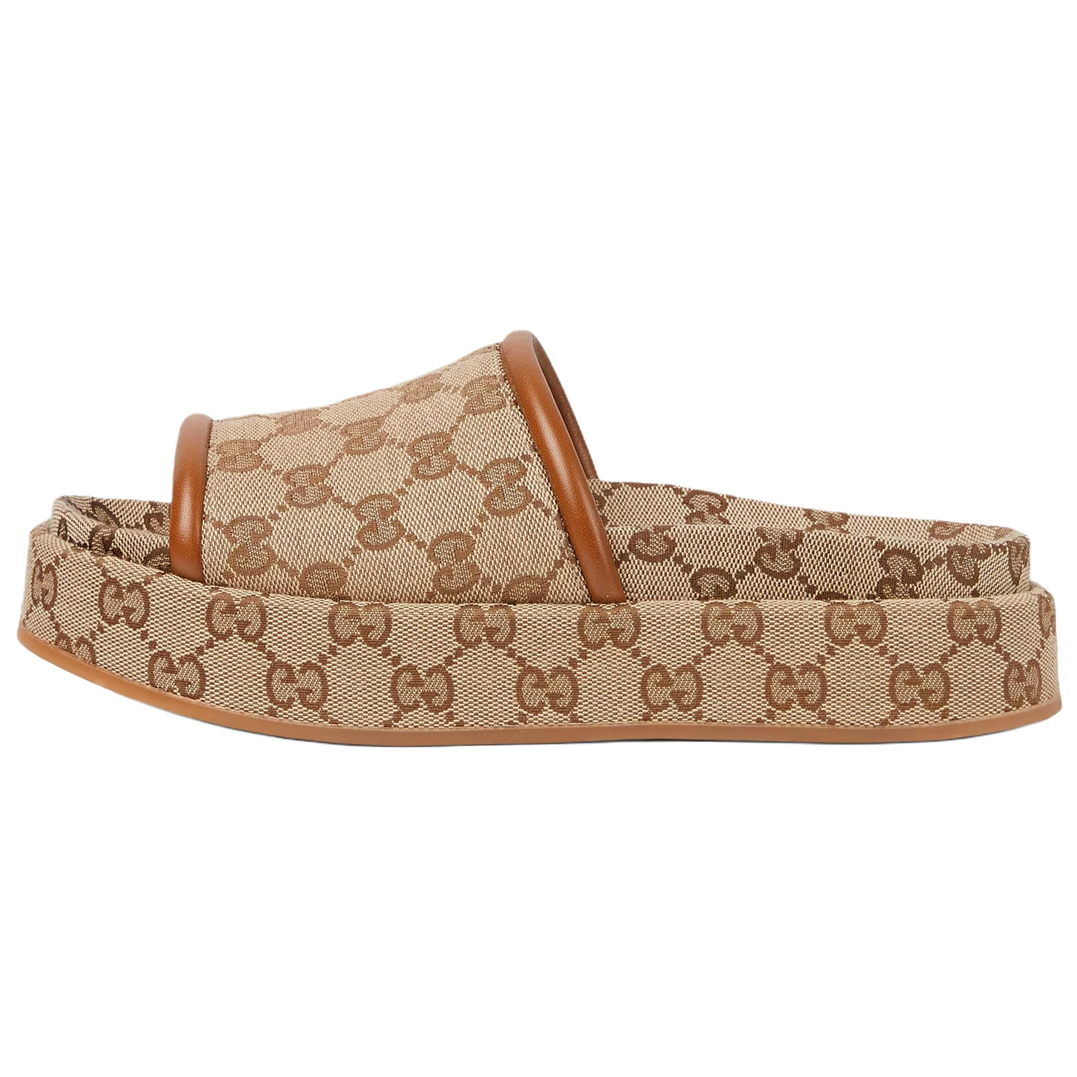 (Women) GUCCI GG Open-Toe Slide Sandals Beige and Dark Brown. 816797 FAD9C 9745