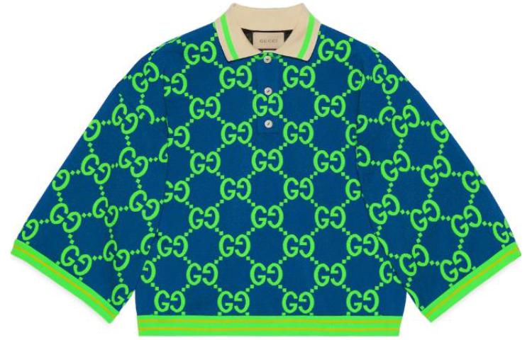 (Women) Gucci GG Print Loose Long Sleeve Polo Shirt Green 753313-XJFT3-4589