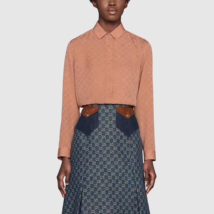 (Women) GUCCI GG Silk Crepe Checkered Long Sleeve Sun Protection Shirt Women Rose Pink ⁣622196-ZADWP-5245 圖 4