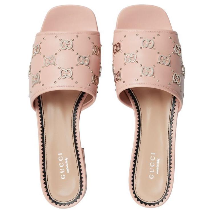Shop GUCCI古馳 皮革 GG 滑入式 時尚涼鞋 4cm 女款 淺粉色