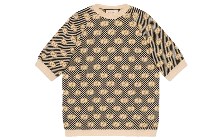 (Women) Gucci GG Stripe Ivory Wool Knit Short Sleeve Sweater 574208-XKASE-9834