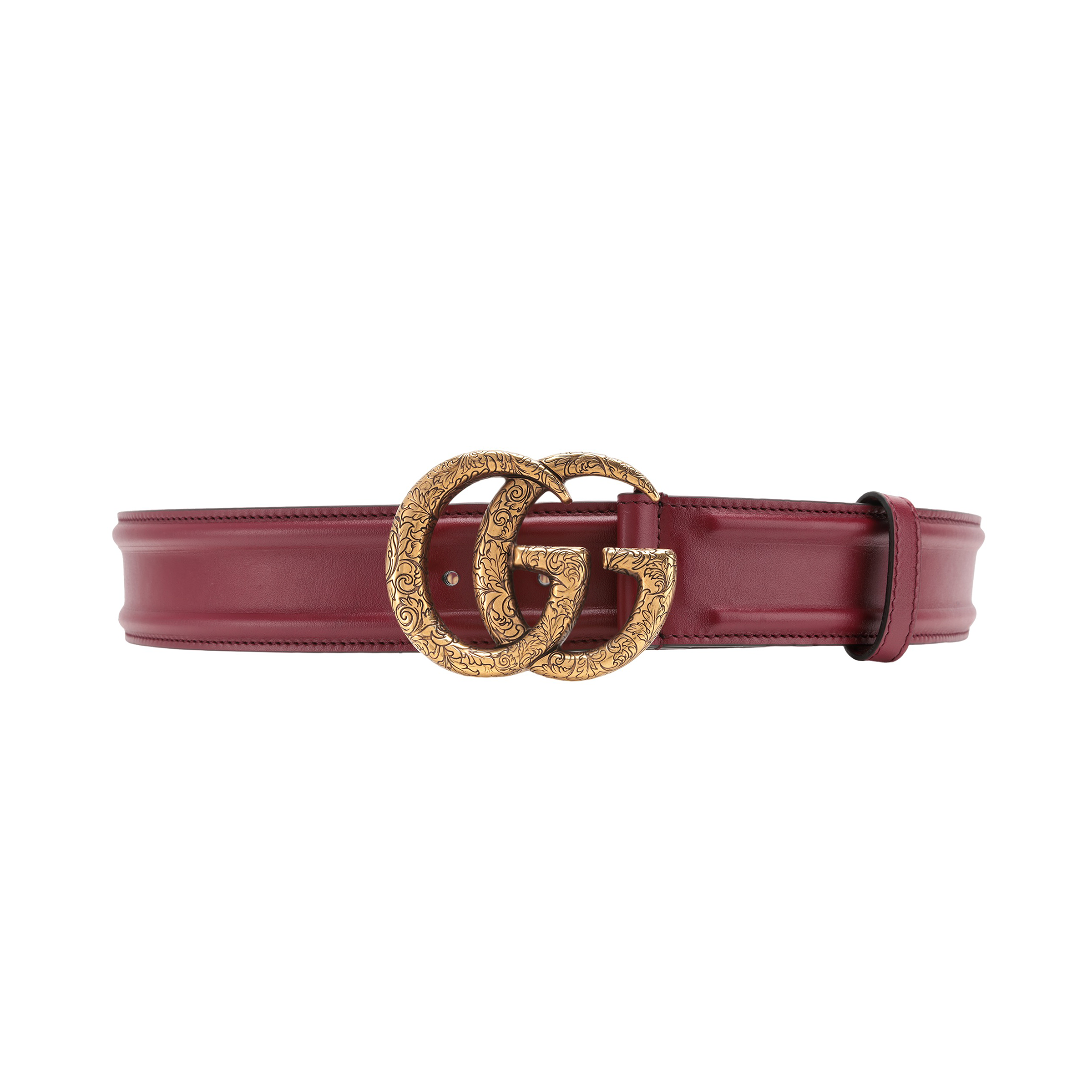 (Women) GUCCI Gold Engraved Double G Buckle Leather Belt for Women 4cm Wide. 709964 US10T-6044