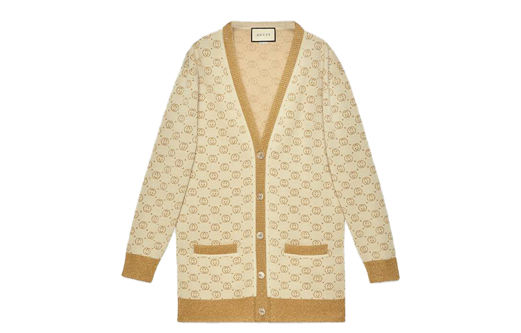 (Women) Gucci Gold Logo Print V-Neck Cardigan FW21 605910-XKAHT-8007