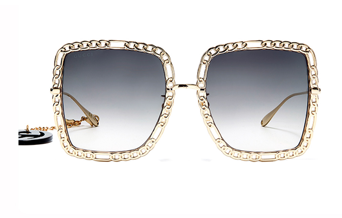 Lookbook (W) 구찌 그래디언트 그레이 여성용 스퀘어 메탈 선글라스 - 체인 링크 시리즈 GG1033S-002
