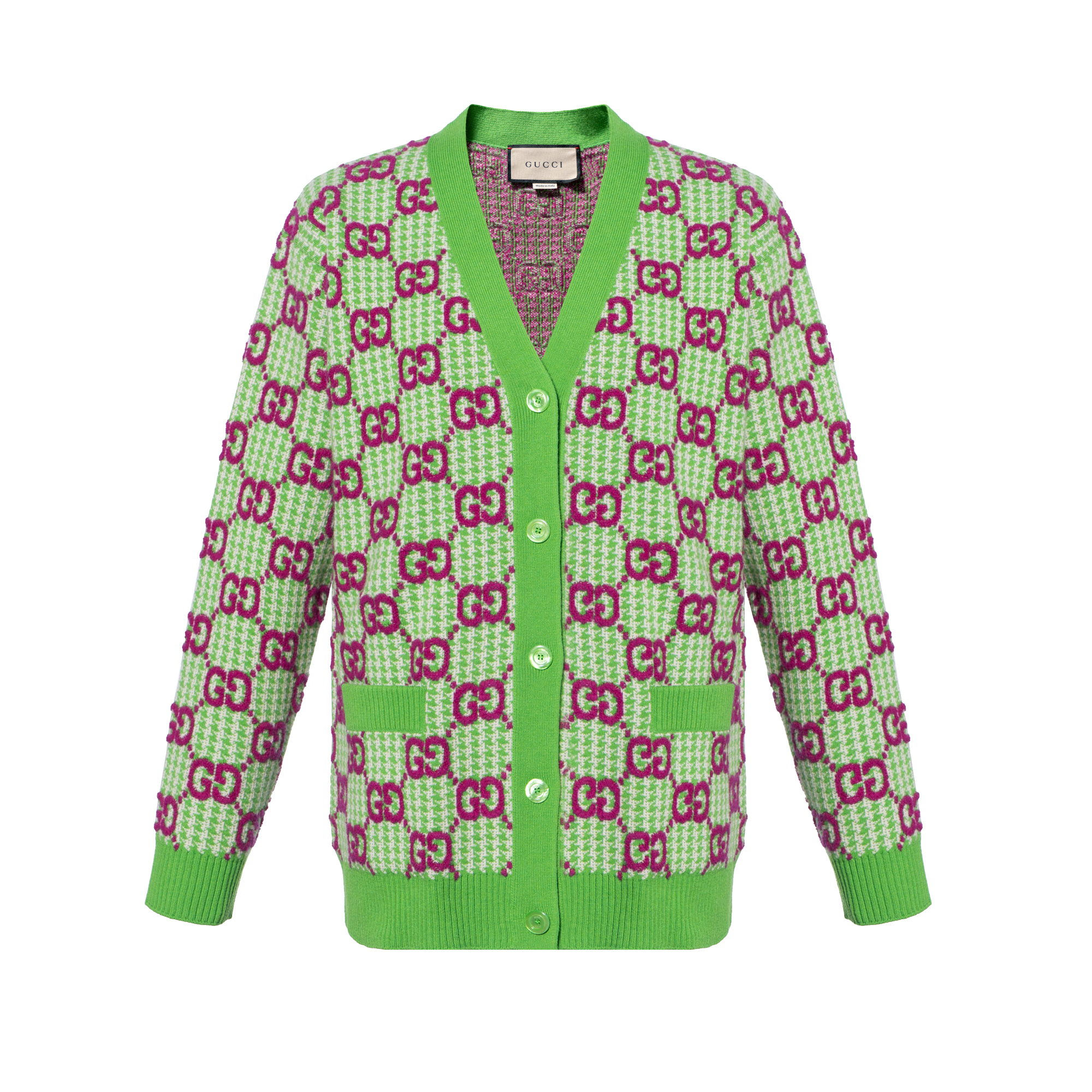 (Women) Gucci Green Logo Button V-Neck Knit Cardigan SS23 727110-XKCM8-3872
