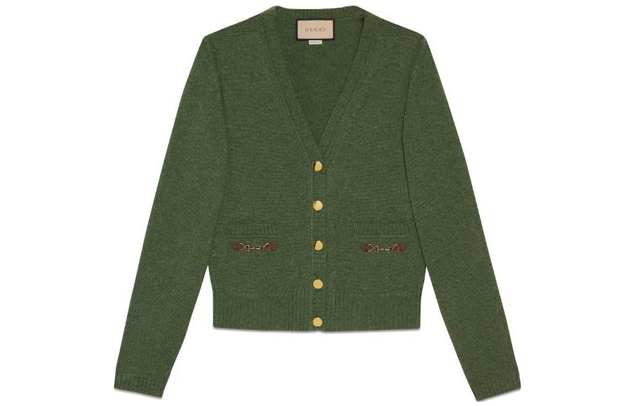 (Women) Gucci Green Solid V-Neck Cardigan Women’s Knit Sweater 628412-XKBH9-3087