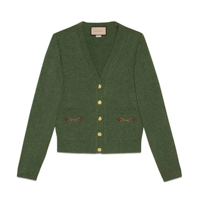 (Women) Gucci Green Solid V-Neck Cardigan Women’s Knit Sweater 628412-XKBH9-3087
