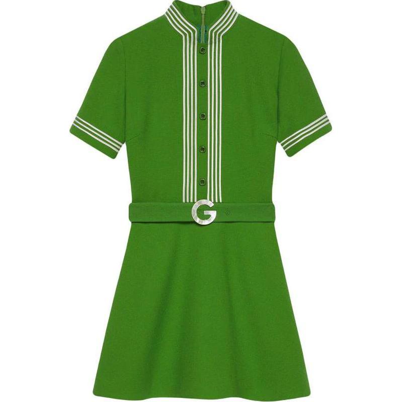 (Women) Gucci Green Striped Belted A-Line Midi Dress 643352-ZAFGT-3408