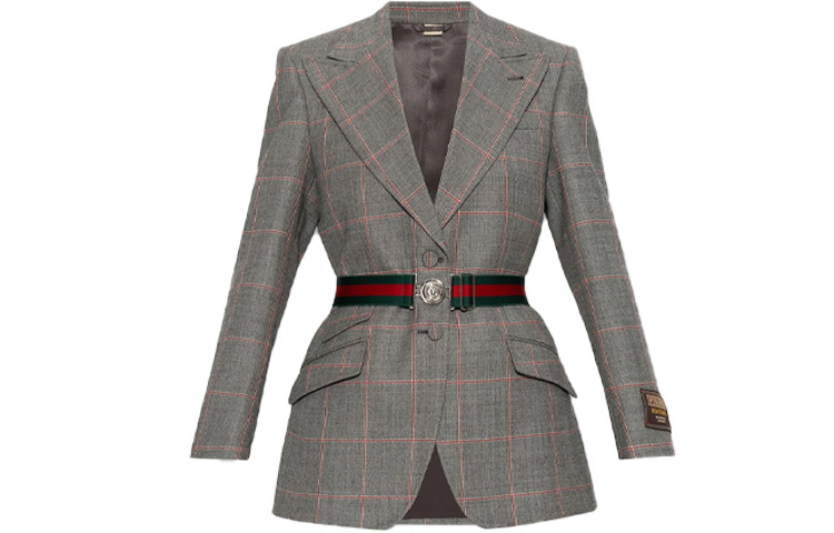 Buy (W) 古驰灰色格纹单排扣西装外套 758276-ZAKRL-1043