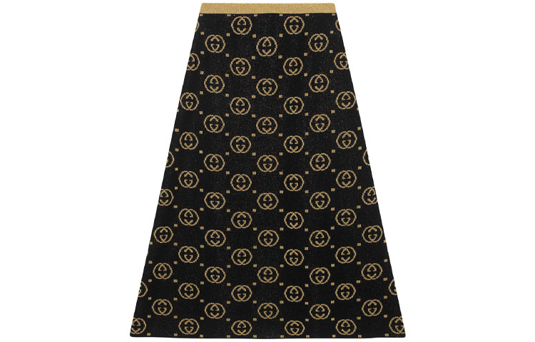 (Women) Gucci High-Waisted Black Midi A-Line Logo Print Skirt 555179-XKAH9-1815