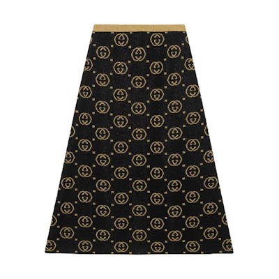 (Women) Gucci High-Waisted Black Midi A-Line Logo Print Skirt 555179-XKAH9-1815