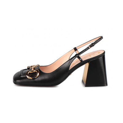 (W) Gucci Horsebit 75mm Heeled Slingback Black Leather