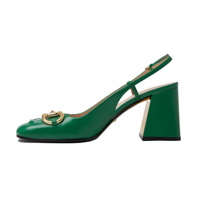 (W) Gucci Horsebit 75mm Heeled Slingback Bright Green Leather